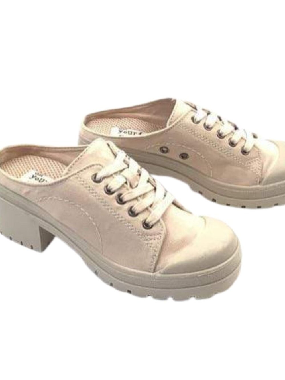 Canvas Chunky Mules Open Back Lug Sole Size 7.5 Beige Deadstock